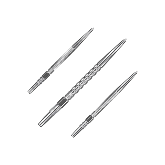 Target Swiss Point GRD Silver dart tips Das Bild zeigt drei silberne Dartspitzen des Produkts "Target Swiss Point GRD Silver Dartspitzen". Sie sind schlank, aus Metall gefertigt und haben eine strukturierte Oberfläche für besseren Halt.