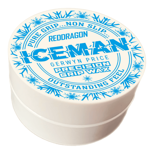 Red Dragon Gerwyn Price Iceman Precision Grip Wax finger wax Das Bild zeigt eine weiße Dose mit der Aufschrift „Red Dragon Gerwyn Price Iceman Precision Grip Wax“. Auf dem Deckel sind blaue Schneeflocken und Werbeslogans wie „Pure Grip… Non Slip… Outstanding Feel“ abgebildet.