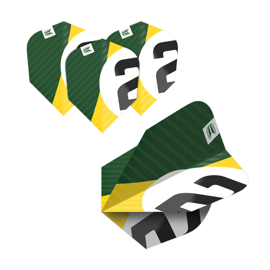 337206_Target_ProUltra_5Sets_Multipack_Chicane_Ten-X_Flights_2nhLbmcTgQDpJA Das Bild zeigt fünf Sätze Target Pro Ultra Chicane Ten-X Flights für Darts. Die Flights sind grün, gelb und weiß mit einer schwarzen Zahl und haben ein modernes Design.