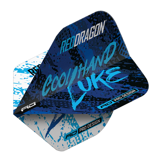 Red Dragon Luke Humphries World Champion Blue White Yin Yang Standard Flights Das Bild zeigt ein Dart-Flight im Design "Red Dragon Luke Humphries World Champion Blue White Yin Yang Standard Flights". Auf dem Flight stehen die Worte "Cool Hand Luke" in blauer Schrift auf einem blau-weißen Hintergrund.