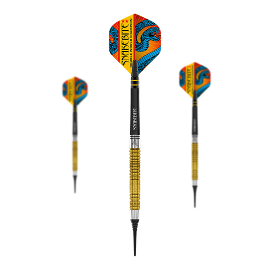 Das Bild zeigt drei Softdarts mit goldfarbenem Griff und auffälligen Flights im Drachen-Design. Auf den Flights steht „Snakebite Double World Champion“.