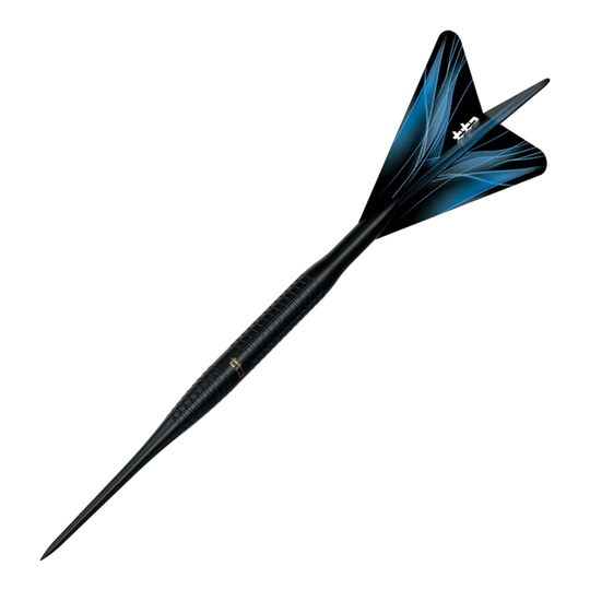 Das Bild zeigt die Caliburn TTD Complete Titanium T3 Black Steeldarts mit einem Gewicht von 7g. Die Darts haben ein schwarzes und titanfarbenes Design.