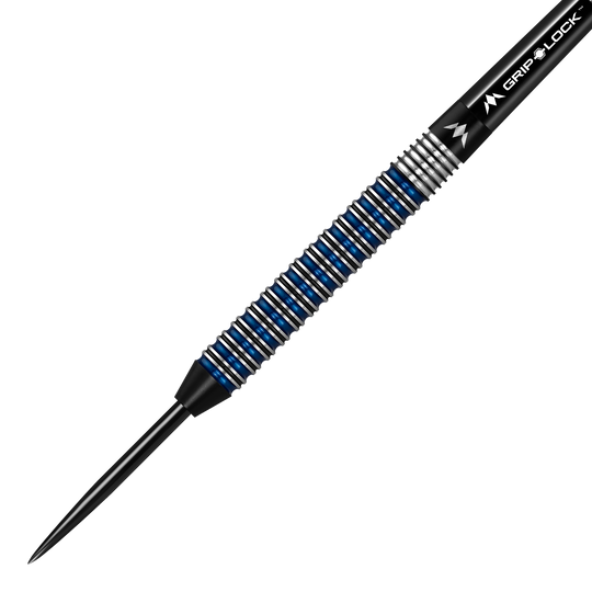 Mission Nightfall Model 2 steel darts Das Bild zeigt einen Mission Nightfall Model 2 Steeldart. Der Dart hat eine auffällige schwarz-silber-blaue Riffelung am Griffbereich.