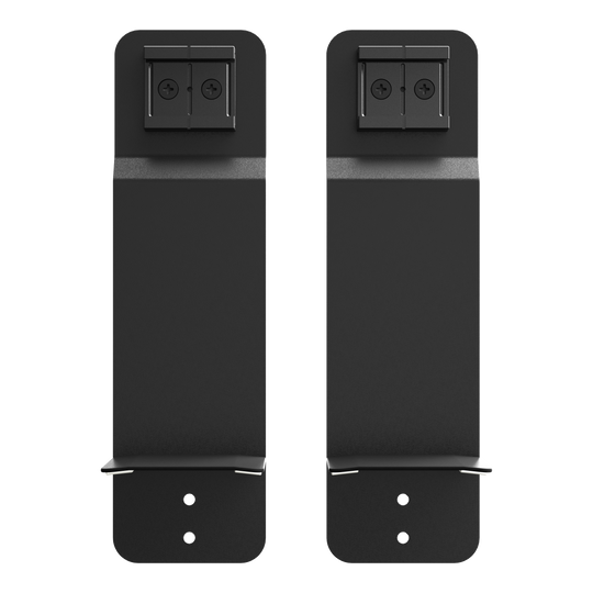 GranDarts Gran Eye Mag Mount attachment Das Bild zeigt zwei schwarze Halterungen des Produkts "GranDarts GranEye Mag Mount Befestigung". Sie sind rechteckig und haben jeweils zwei kleine Befestigungslöcher unten und einen Befestigungsmechanismus oben.