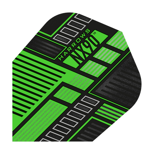 HR49_Harrows_Prime_NX90_Green_No6_Flights_1ro0TifX8aStsG Das Bild zeigt ein Harrows Prime NX90 Green Flight für Darts. Das Flight ist hauptsächlich schwarz und grün mit einem modernen, geometrischen Muster.