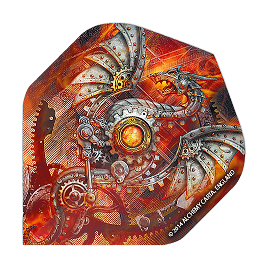 Alchemy Tech Dragon No2 Standard Flights Das Bild zeigt ein Dartflight mit einem mechanischen Drachen-Design in Steampunk-Optik. Die Farben sind überwiegend orange und silber, mit vielen Zahnrädern und Metallstrukturen.