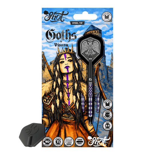 Shot Goths Visara Turbo Point Steel Darts - 23g Abgebildet sind die Shot Goths Visara Turbo Point Steeldarts mit einem Gewicht von 23 Gramm. Diese hochwertigen Darts bieten ein elegantes Design und eine ausgezeichnete Flugeigenschaft.