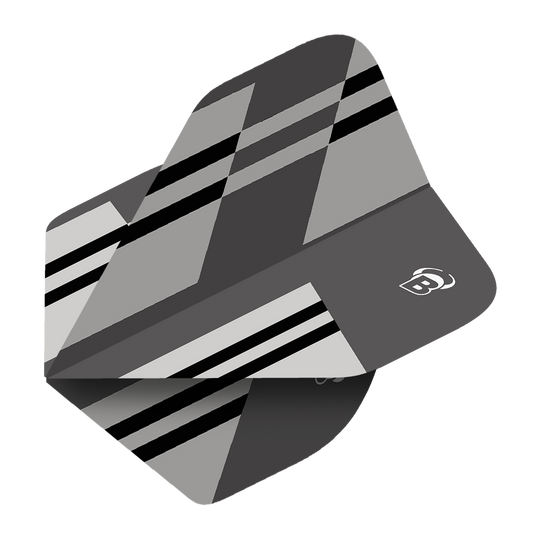 Das Bild zeigt ein Dart-Flight mit dem Namen 'Bulls B-Star Tac No2 Standard Flights'. Das Flight hat ein graues Design mit schwarzen und weißen Streifen sowie einem kleinen Bulls-Logo.