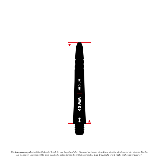 7025_Winmau_Vecta_Shafts_5_40mm-Kopie Das Bild zeigt einen schwarzen Dart-Schaft mit der Aufschrift "40 MM | MEDIUM". Der Abstand zwischen den roten Linien markiert die Länge des Schafts, das Gewinde wird dabei nicht mitgerechnet.