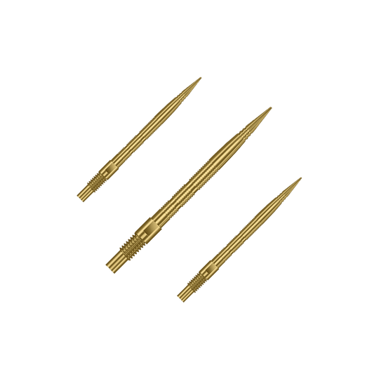 Das Bild zeigt mehrere goldene Dartspitzen. Die Spitzen sind wahrscheinlich vom Typ Harrows Quick Point MicroRidge, 26mm lang.