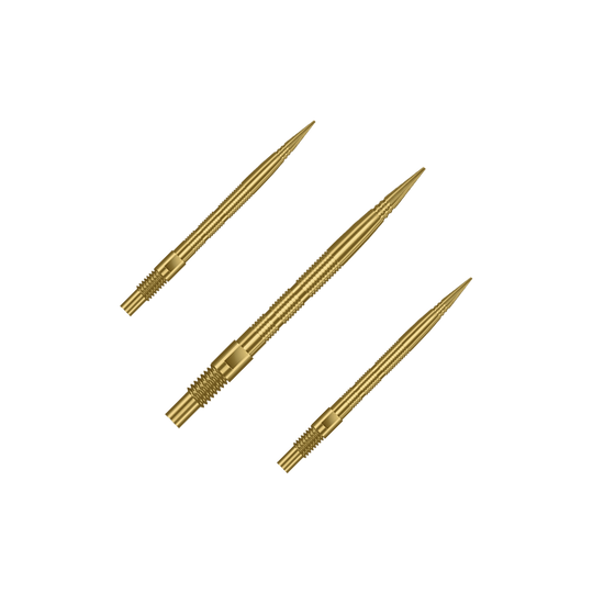 Harrows Quick Point Micro Ridge Dart Tips - Gold Das Bild zeigt mehrere goldene Dartspitzen. Die Spitzen sind wahrscheinlich vom Typ Harrows Quick Point MicroRidge, 26mm lang.