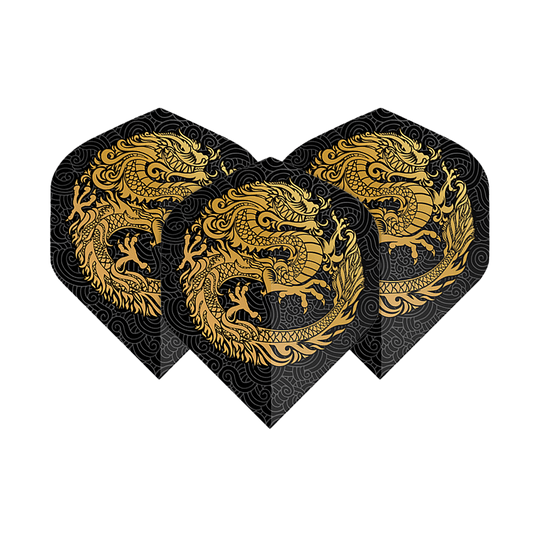 Pentathlon Flights Dragon black Das Bild zeigt drei Dart-Flights mit einem auffälligen goldenen Drachen-Design auf schwarzem Hintergrund. Die Flights sind vom Typ "Pentathlon Dragon 2 Standard".