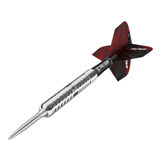 Target Sebastian Bialecki GEN1 Swiss Point Steeldarts - 22g Das Bild zeigt den Target Sebastian Bialecki GEN1 Swiss Point Steeldart mit 22 Gramm Gewicht. Der Dartpfeil hat ein silbernes Metallgehäuse, einen schwarzen Schaft und ein rot-schwarzes Flight-Design.
