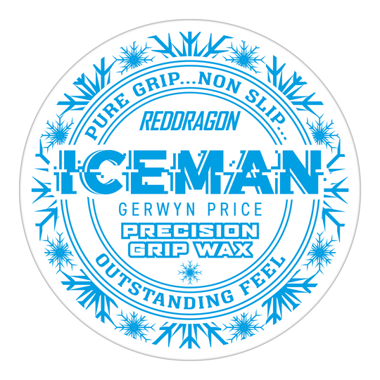 Red Dragon Gerwyn Price Iceman Precision Grip Wax finger wax Das Bild zeigt eine runde Dose des Produkts "Red Dragon Gerwyn Price Iceman Precision Grip Wax". Auf der Dose steht in blauer Schrift, dass das Wachs für einen reinen und rutschfesten Griff sowie ein herausragendes Gefühl sorgt.