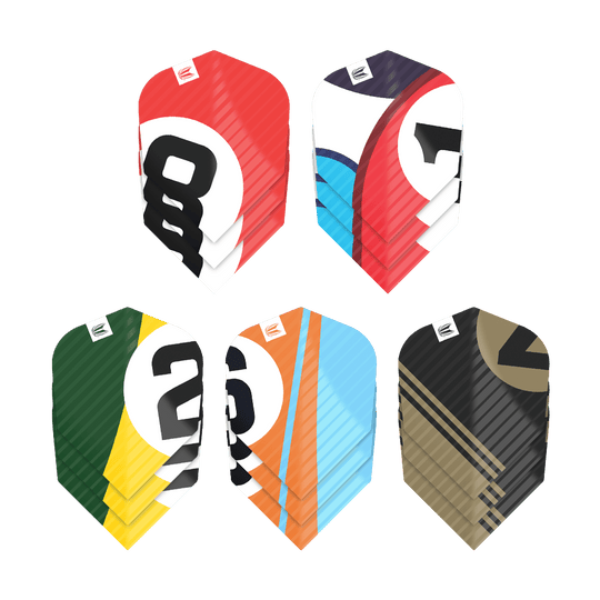 337205_Target_ProUltra_5Sets_Multipack_Chicane_No6_Flights_1 Das Bild zeigt fünf verschiedene Sets von Dart-Flights, jeweils in bunten Farben und mit auffälligen Zahlen bedruckt. Es handelt sich um das Produkt "Target Pro Ultra Chicane Multipack No6 Flights - 5 Sets".