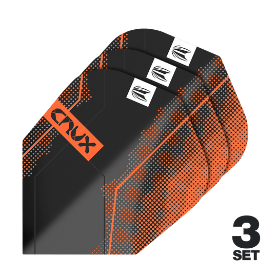 Target Pro Ultra Crux No6 Flights - 3 Sets - 3 Sets Das Bild zeigt drei Sätze Target Pro Ultra Crux No6 Flights. Die Flights sind schwarz mit orangefarbenen Akzenten und dem Schriftzug "CRUX".