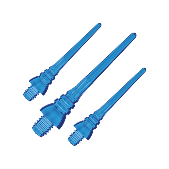 Winmau Triton Softtip Points Softdartspitzen (50-er Pack) Das Bild zeigt drei azurblaue Softdartspitzen mit Gewinde. Sie sind aus Kunststoff und eignen sich zum Einschrauben in Softdarts.