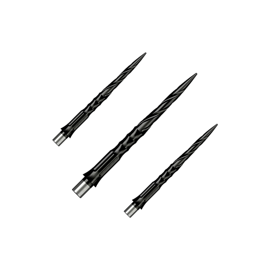 Zu sehen ist ein Set von Caliburn Evo System Steeldartspitzen Spiro NoLip Black, 28 mm. Die Spitzen eignen sich für professionelle Steeldartspiele.