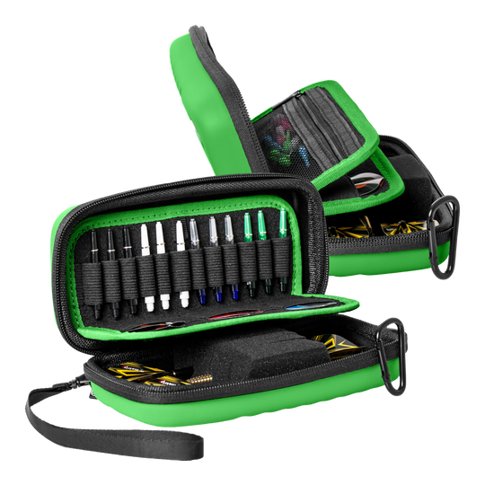 Das Bild zeigt das Bulls Orbis S Dartcase in der Farbe Grün. Die Tasche bietet ein sicheres Fach für Darts und Zubehör.