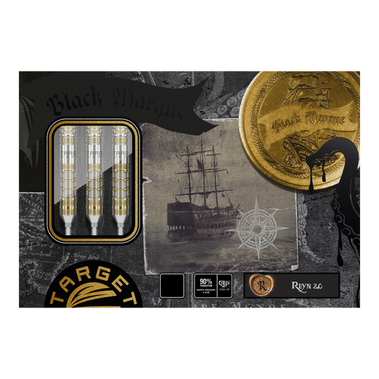 Target Japan Black Marque Reyn GEN2 steel darts Die Abbildung zeigt die "Target Japan Black Marque Reyn GEN2 Steeldarts" in einer ansprechend gestalteten Verpackung. Auf der Verpackung sind drei Darts, ein Segelschiff und goldene Münzen abgebildet.