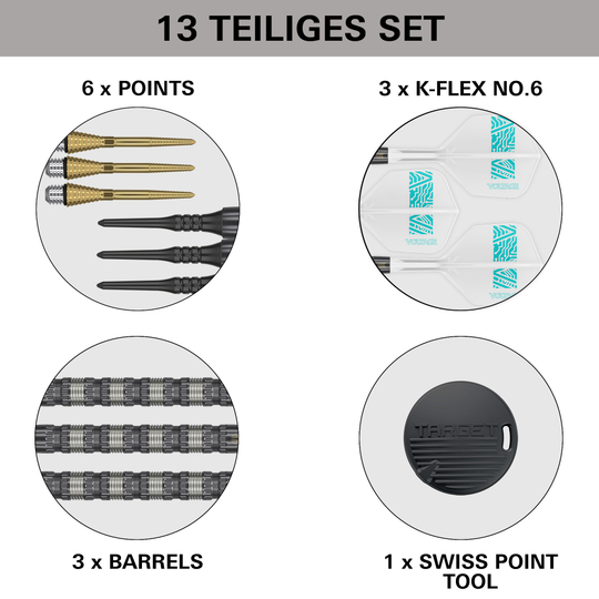 Target Rob Cross 95K Swiss Point Soft Darts - 18g Dieses Bild zeigt den Lieferumfang des "Target Rob Cross 95K Swiss Point Softdarts - 18g" Sets. Enthalten sind 6 Spitzen, 3 Flights, 3 Barrels und 1 Swiss Point Tool.