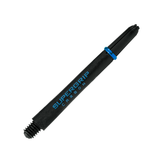 Das Bild zeigt einen Harrows Supergrip Carbon Shaft in der Farbe Aqua. Der Schaft ist schwarz mit blauer Aufschrift und einem blauen Ring.