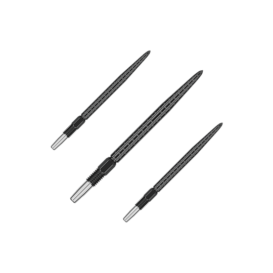 Target Swiss Point RVE dart tips - Black Das Bild zeigt drei schwarze Dartspitzen mit einem silbernen Gewindeende. Sie sind nebeneinander auf einem neutralen Hintergrund angeordnet.