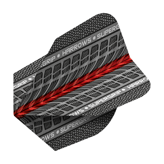 HR77_Harrows_Supergrip_Rot_No6_Flights_2 Dieses Bild zeigt das Produkt "Harrows Supergrip Rot No6 Flights". Die Dartflights sind grau-schwarz gemustert mit einem roten Streifen in der Mitte und tragen den Schriftzug "Harrows Supergrip".