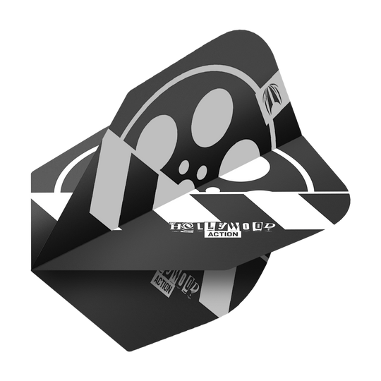 Target Pro Ultra Chris Dobey Hollywood Action No6 Flights - 3 Sets Das Bild zeigt ein Dart-Flight mit schwarzem und weißem Design, auf dem "Hollywood Action" steht. Das Produkt ist das "Target Pro Ultra Chris Dobey Hollywood Action No6 Flights - 3 Sets".