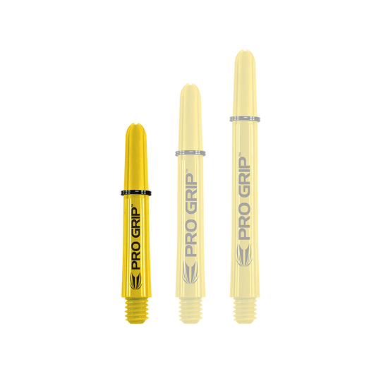Das Bild zeigt drei gelbe Dartschäfte in unterschiedlichen Längen. Auf jedem Schaft steht der Schriftzug "PRO GRIP" in schwarzer Farbe.