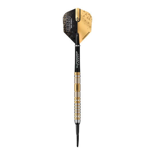 Harrow's Dave Chisnall Chizzy Series 2 soft darts Das Bild zeigt einen Harrows Dave Chisnall Chizzy Series 2 Softdart. Der Dart hat ein modernes schwarzes und goldenes Design mit silbernen und goldenen Ringen am Barrel.