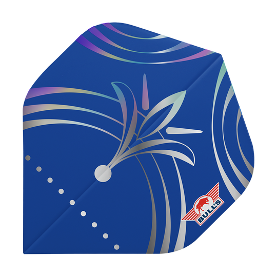 Das Bild zeigt das Produkt "Bulls NL Series 100 Silvian No2 Standard Flights". Es hat ein blaues Design mit silbernen Mustern und dem Bulls-Logo in der Ecke.