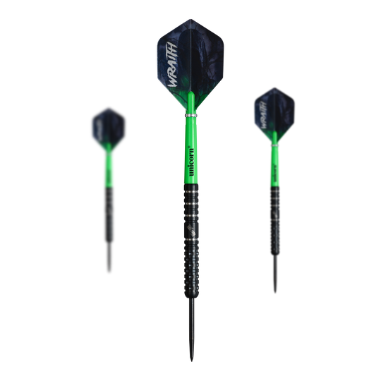 Unicorn Wraith Callan Rydz Steel Darts - 23g Dieses Bild präsentiert die Unicorn Wraith Callan Rydz Steeldarts - 23g im Set. Die Verpackung und alle Bestandteile sind zu sehen.