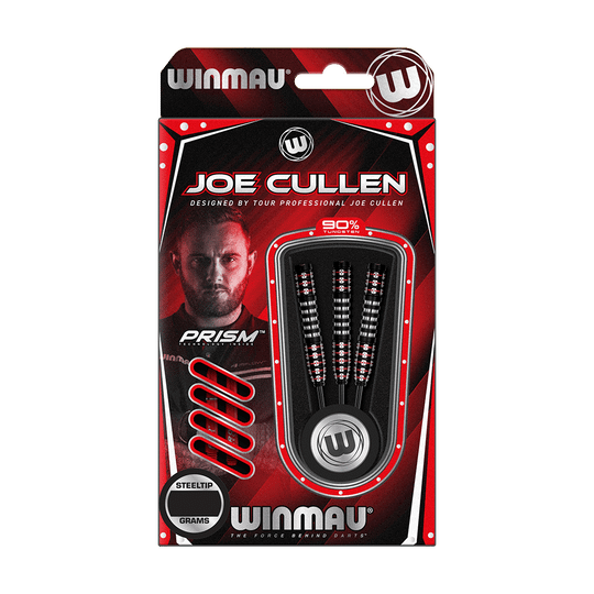 1483_Winmau_Joe_Cullen_Ignition_Series_Steeldarts_3 Auf dem Bild ist eine Verpackung für Winmau Joe Cullen Ignition Series Steeldarts zu sehen. Die Packung enthält drei Darts mit 90% Tungsten und ist rot-schwarz gestaltet.
