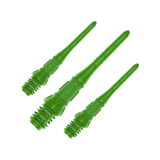 Premium Lippoints (30er Pack) - Spitzen Das Bild zeigt drei grüne Dartspitzen aus Kunststoff. Sie sind nebeneinander angeordnet und auf einem transparenten Hintergrund dargestellt.