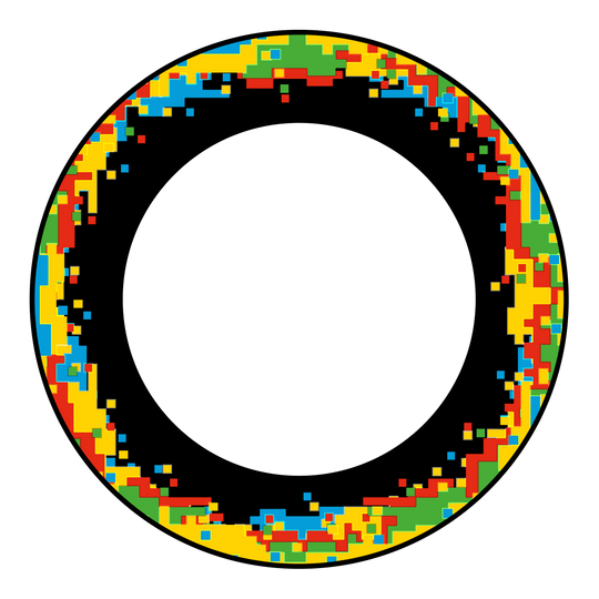 Das Bild zeigt ein Produkt mit der Bezeichnung 'MSF-H1_McDart_Pixel_Dartboard_Surround_Schwarz_2'. Es handelt sich um einen schwarzen Surround für ein Dartboard.