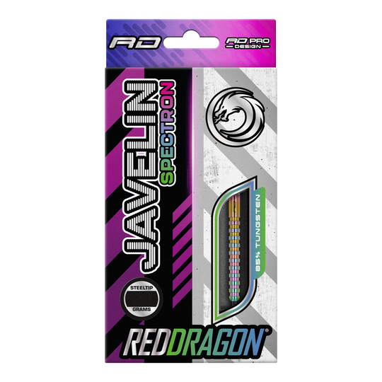 Red Dragon Javelin Spectron Steeldarts Die Verpackung zeigt die "Red Dragon Javelin Spectron Steeldarts". Die Darts bestehen zu 85% aus Wolfram und haben eine bunte Optik.
