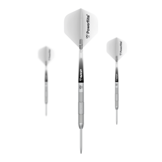 Bulls Challenger Sascha Stuhlemmer Steeldarts - 23g Das Bild zeigt drei Steeldarts des Modells "Bulls Challenger Sascha Stuhlemmer - 23g". Die Darts sind silberfarben mit weißen Flights, auf denen "Powerflite" steht.