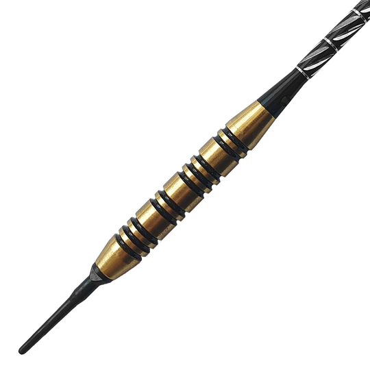 8006_Golden_Green_Softdarts_2 Das Bild zeigt einen Softdart mit einem goldenen und schwarzen Griff. Der Pfeil wiegt 18 Gramm und gehört zum Produkt „Golden Green Softdarts“.