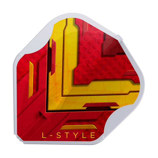 L-Style V-Series V1 Type A Spain Clear White L1EZ Flights Das Bild zeigt ein Dart-Flight mit einem Design in den Farben Rot und Gelb. Am unteren Rand steht in gelber Schrift "L-STYLE".