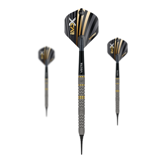 Das Bild zeigt drei Winmau Michael Van Gerwen Evo-X Softdarts mit einem Gewicht von 20g. Die Darts haben ein modernes Design mit schwarzen, goldenen und silbernen Akzenten.