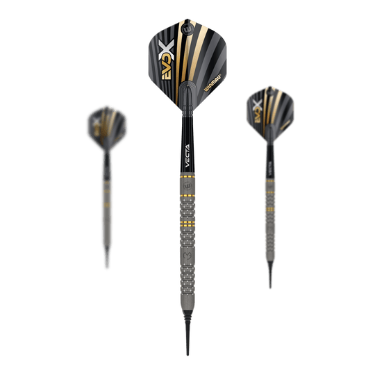 Winmau Michael Van Gerwen Evo-X soft darts - 20g Das Bild zeigt drei Winmau Michael Van Gerwen Evo-X Softdarts mit einem Gewicht von 20g. Die Darts haben ein modernes Design mit schwarzen, goldenen und silbernen Akzenten.