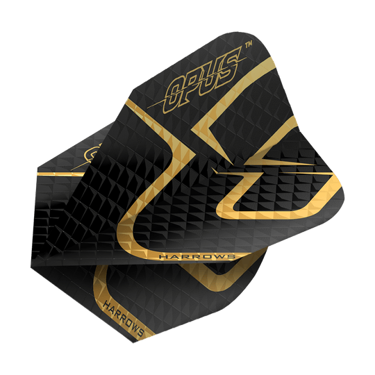 Harrow's Opus Version 2 Flights Das Bild zeigt das Produkt "Harrows Opus Version 2 Flights". Die Flights sind überwiegend schwarz mit goldenen Akzenten und Aufschrift.