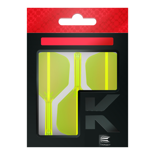 Target K-Flex No6 Flight System - Neon Yellow Die Abbildung zeigt eine Verpackung mit neon-gelben Dartflights. Die Verpackung ist überwiegend schwarz mit einem roten Bereich oben und dem Logo „TARGET“ unten rechts.