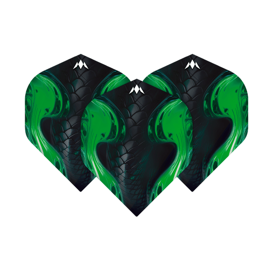 Mission Solo Venom No2 Standard Flights Auf dem Bild sind drei Mission Solo Venom No2 Standard Flights zu sehen. Sie haben ein schwarzes Design mit auffälligen grünen Schlangenmuster-Elementen.