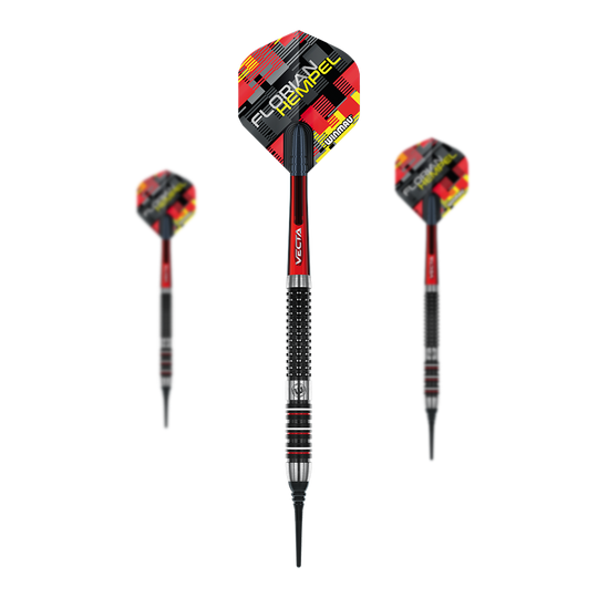Winmau Florian Hempel soft darts - 21g Das Bild zeigt drei Winmau Florian Hempel Softdarts mit einem Gewicht von 21g. Die Darts haben rote, schwarze und silberne Details sowie ein auffälliges Flights-Design.