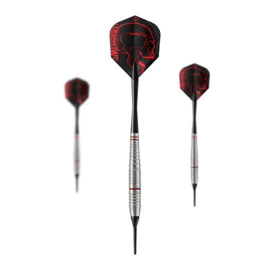 Harrows Rage Softdarts Das Bild zeigt drei Harrows Rage Softdarts mit silbernen Schäften und roten Akzenten. Die Flights sind schwarz mit einem roten Totenkopf-Design und dem Schriftzug "Harrows".
