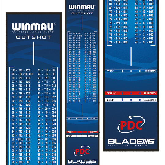 Winmau Outshot Dart Mat Das Bild zeigt die Winmau Outshot Dartmatte 2024 in Blau mit Tabellen für Checkout-Werte beim Dartspiel. Unten auf der Matte sind Markierungen für verschiedene Distanzen und das PDC-Logo zu sehen.