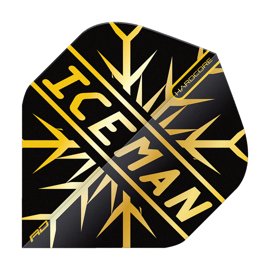 TF6844_Red_Dragon_Hardcore_Gerwyn_Price_Gold_Snowflake_Standard_Flights_1G0TLHM1TXTo8F Das Bild zeigt das Produkt "Red Dragon Hardcore Gerwyn Price Gold Snowflake Standard Flights". Es ist ein schwarzes Dart Flight mit goldenen Schneeflocken-Elementen und dem Schriftzug "ICEMAN".