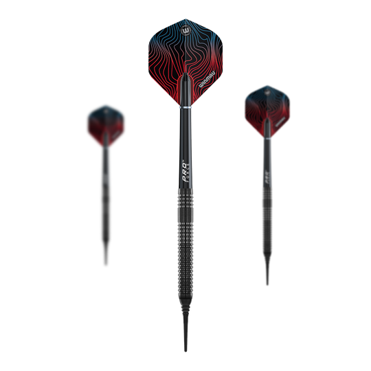 Das Bild zeigt ein Set der Winmau Solaris Pro Softdarts - 21g. Es handelt sich um hochwertige Softdarts im Komplettset für Spieler.